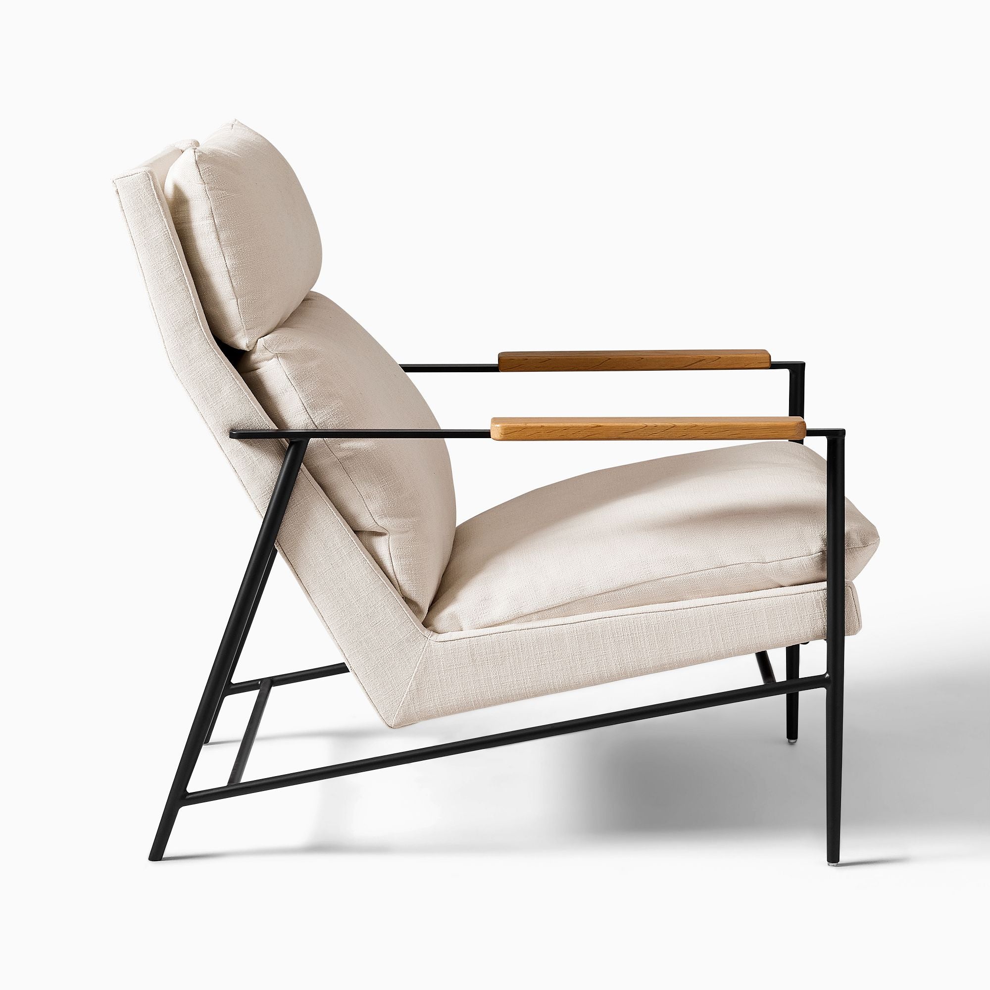 Lein Modern Lounge Chair in Cream Upholstery with Black Metal Frame & Wooden Armrests