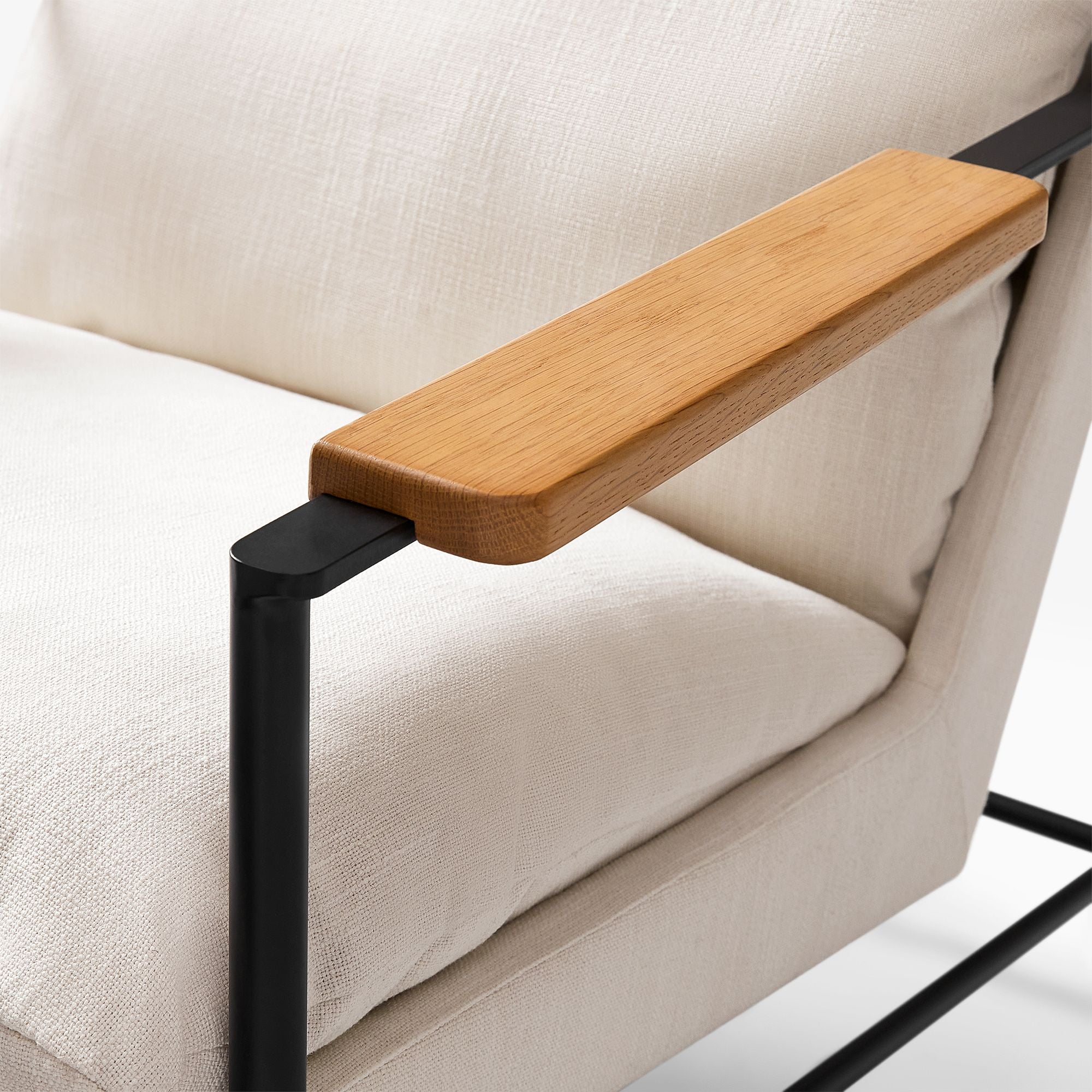 Lein Modern Lounge Chair in Cream Upholstery with Black Metal Frame & Wooden Armrests