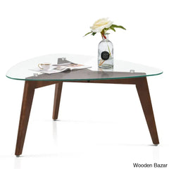 Kirmanda Triangle Coffee And Center Table Solid Rubber Wood Legs，Cocktail With Tempered Glass