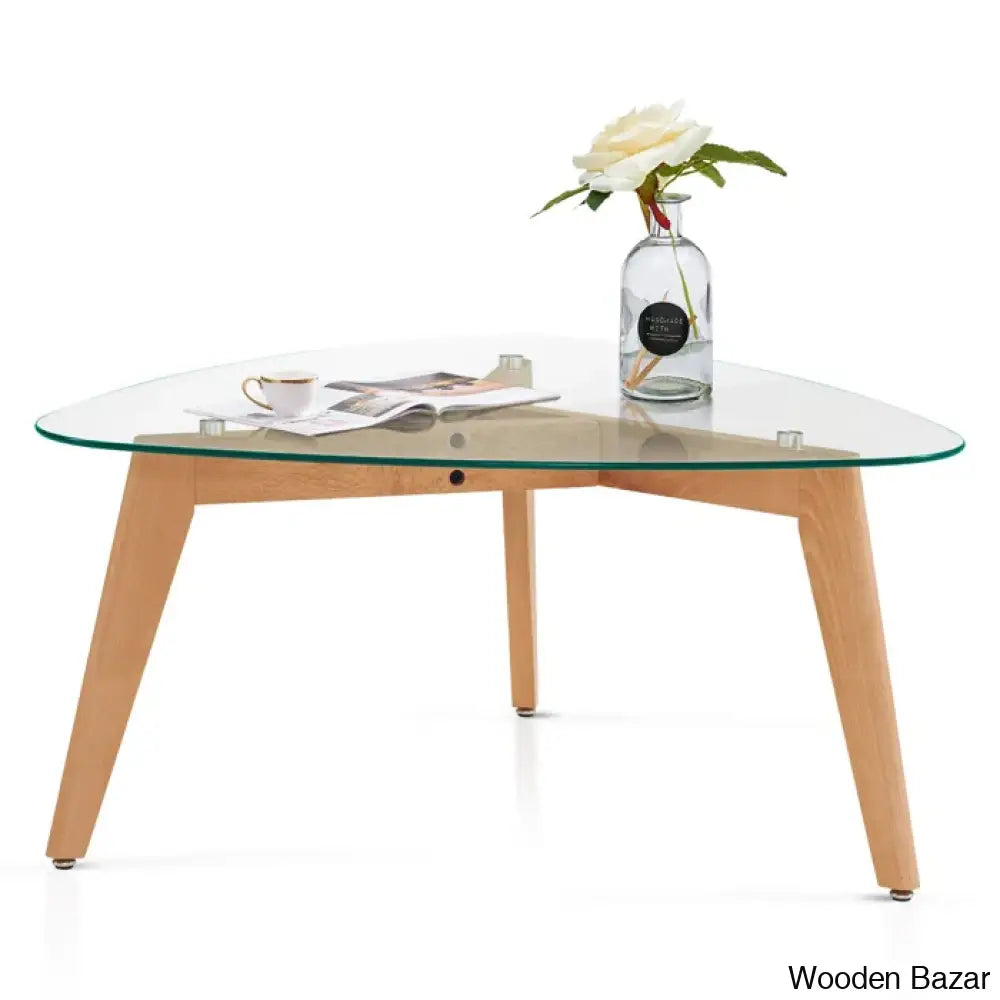 Kirmanda Triangle Coffee And Center Table Solid Rubber Wood Legs，Cocktail With Tempered Glass