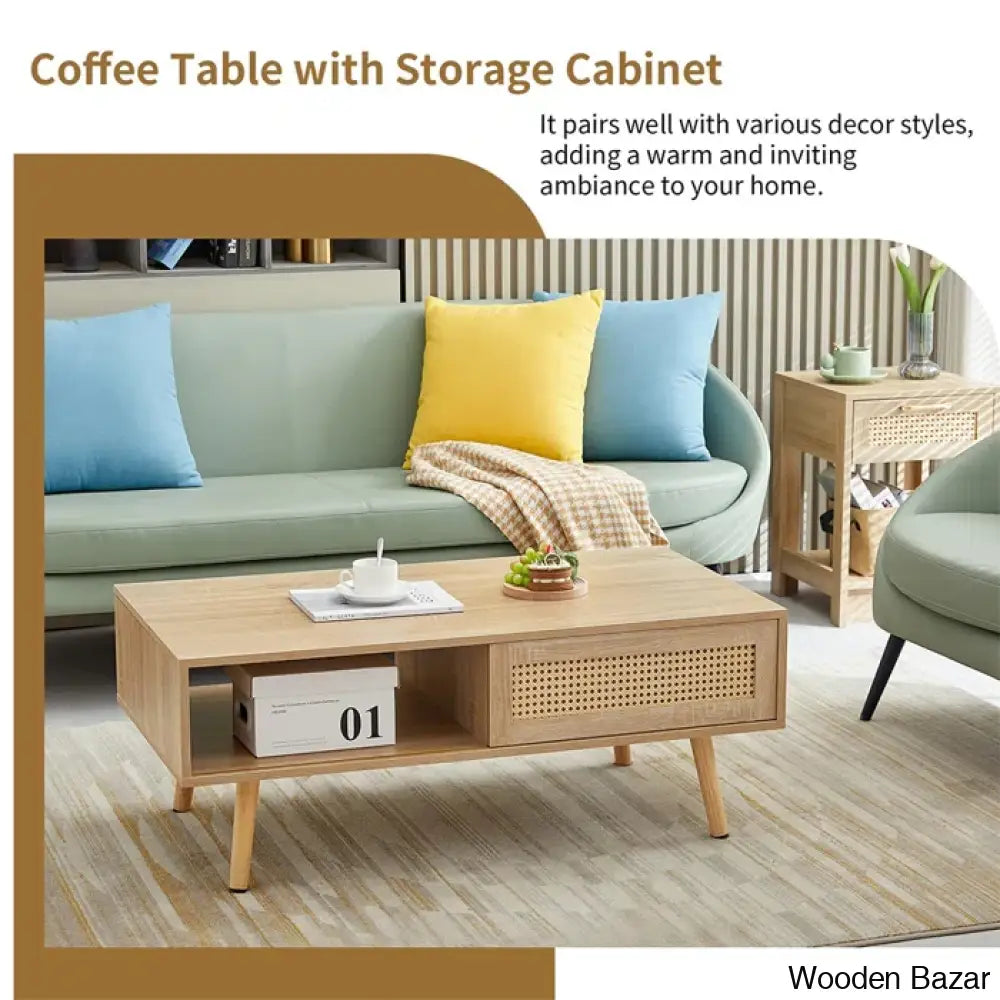 Kirsti Rattan Coffee And Center Table Mid Century Side Accent Sliding Woven Door & Solid Wood Legs