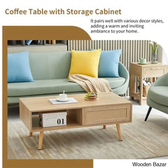 Kirsti Rattan Coffee And Center Table Mid Century Side Accent Sliding Woven Door & Solid Wood Legs