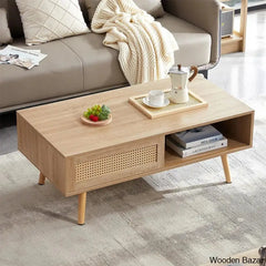 Kirsti Rattan Coffee And Center Table Mid Century Side Accent Sliding Woven Door & Solid Wood Legs