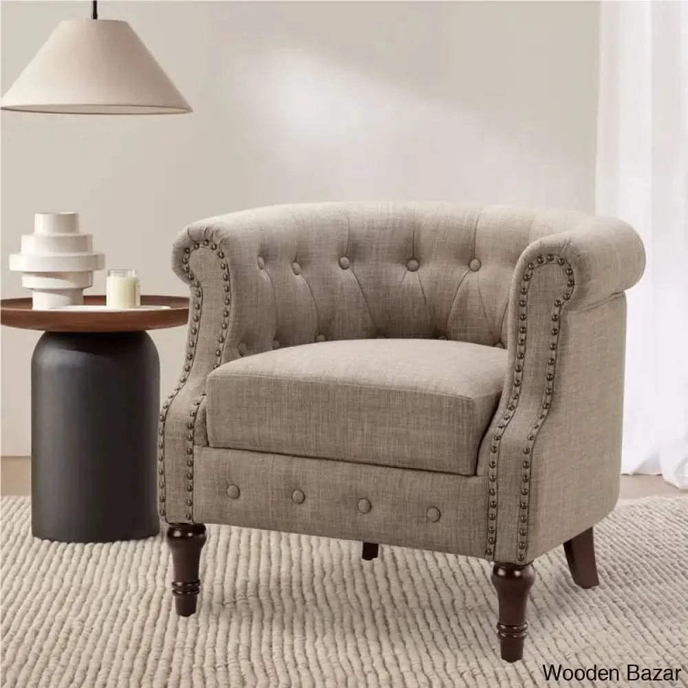Kjellfrid 29 Wide Tufted Linen Barrel Chair Wooden Bazar