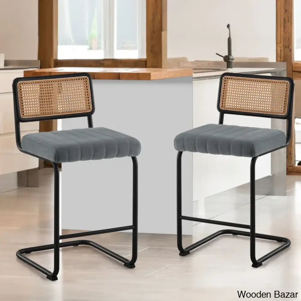 Krystalino Swivel Velvet Upholstered Cane Back Counter And Bar Stool (Set Of 2)