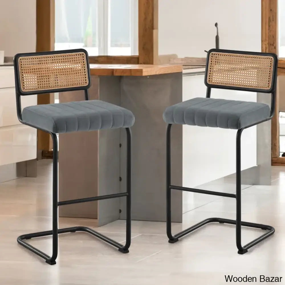 Krystalino Swivel Velvet Upholstered Cane Back Counter And Bar Stool (Set Of 2) Black / Gray Bar