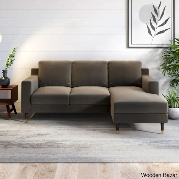 L-Shape Sofa In Left Hand Chaise Lounge Style in velvet Wooden Bazar