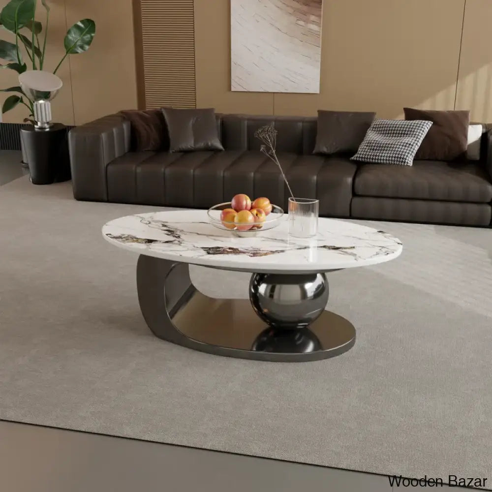 Labana 51-Inch Pandora Oval Coffee Table With Stone Top And Center Table