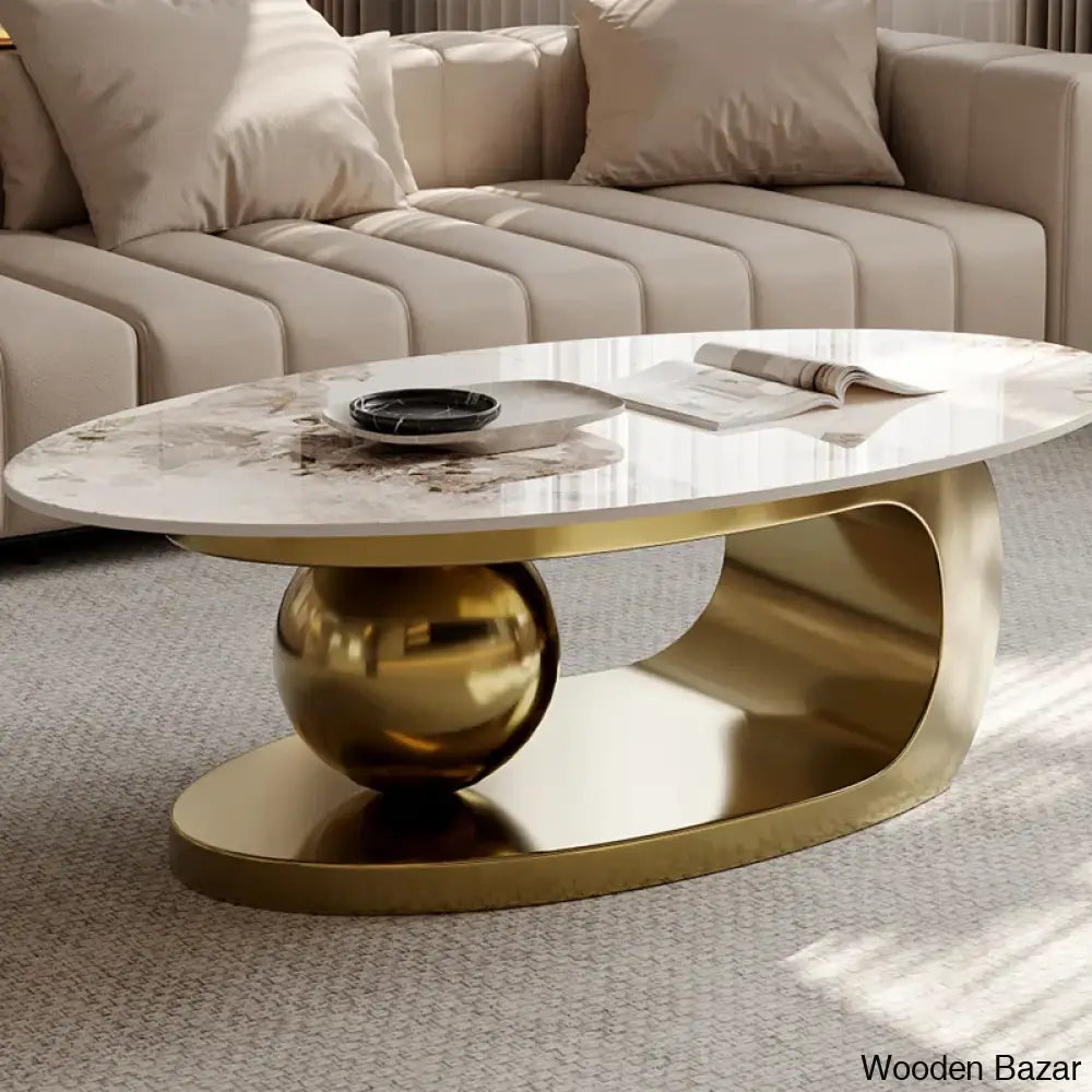 Labana 51-Inch Pandora Oval Coffee Table With Stone Top And Center Table