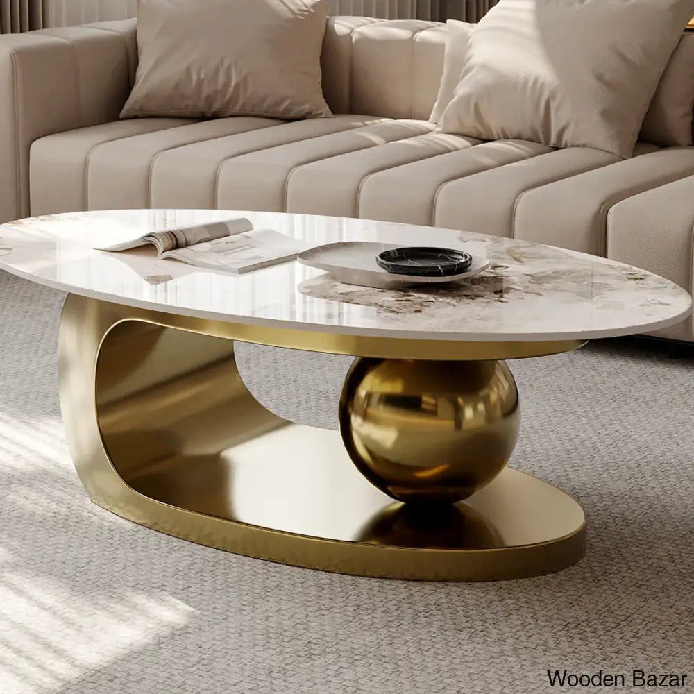 Labana 51-Inch Pandora Oval Coffee Table With Stone Top And Center Table Brown/White