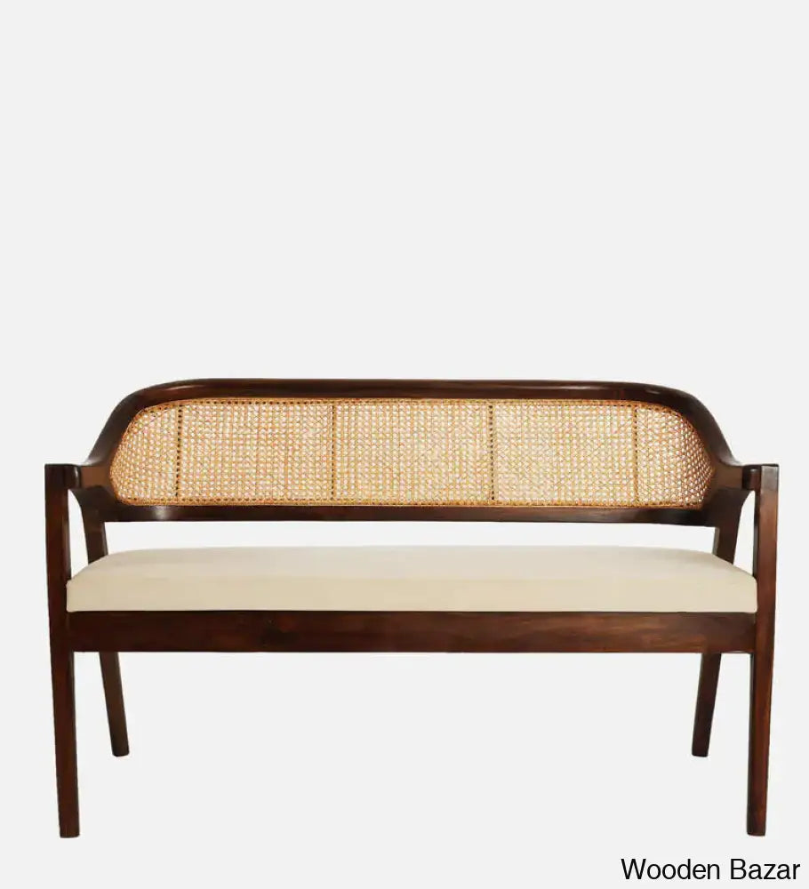 Laney Modern Solid Teak Wood Rattan Cane Bench In Ivory Clor - Wooden Bazar