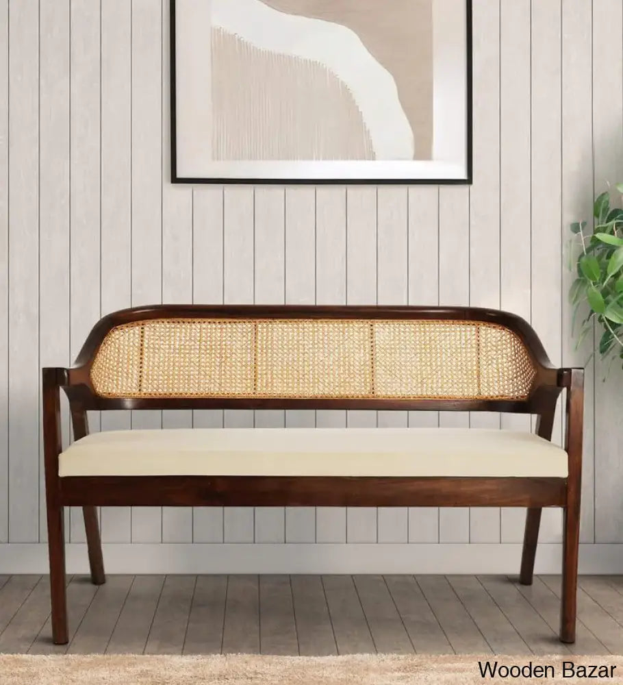 Laney Modern Solid Teak Wood Rattan Cane Bench In Ivory Clor - Wooden Bazar