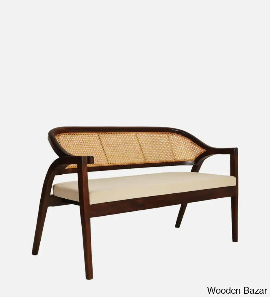 Laney Modern Solid Teak Wood Rattan Cane Bench In Ivory Clor - Wooden Bazar