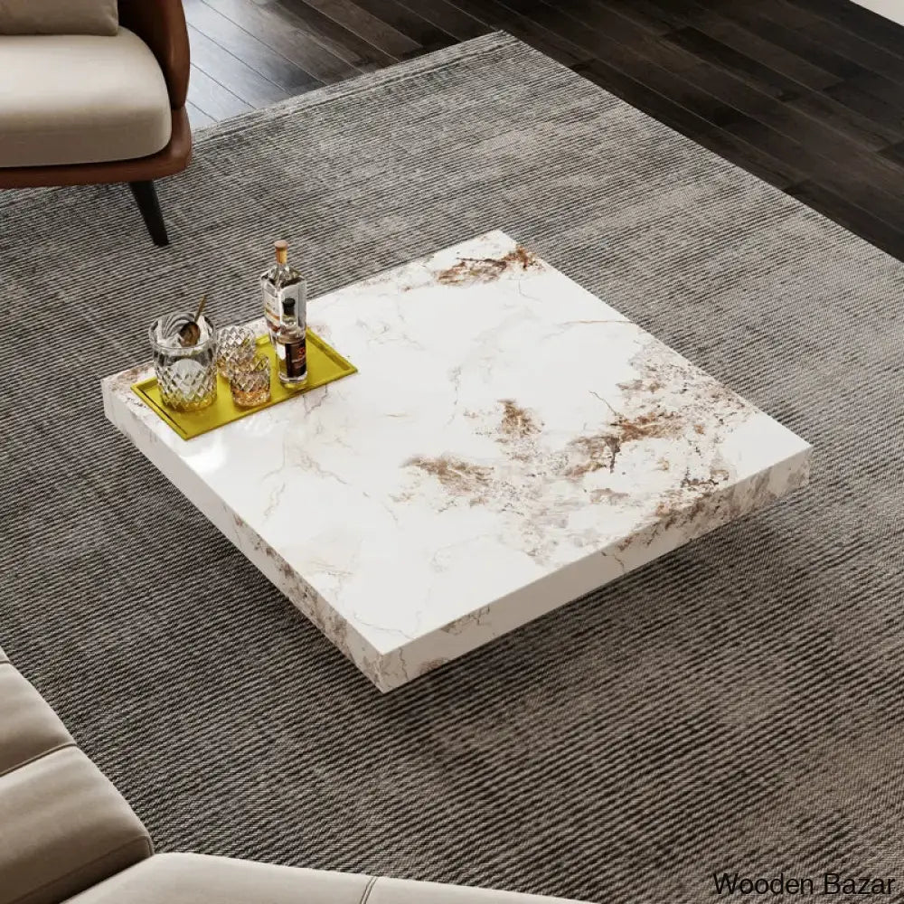 Lecantos 43“ Square Coffee And Center Table With Faux Marble Table-Top White Top/Gold Base