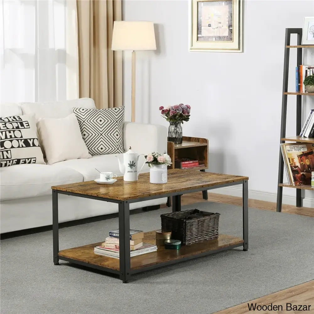 Lemmony Industrial Wood Coffee And Center Table With Open Storage Shelf For Living Room