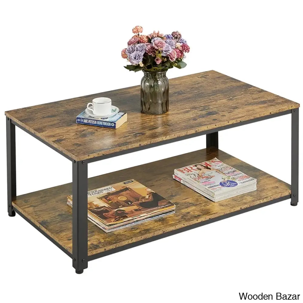 Lemmony Industrial Wood Coffee And Center Table With Open Storage Shelf For Living Room