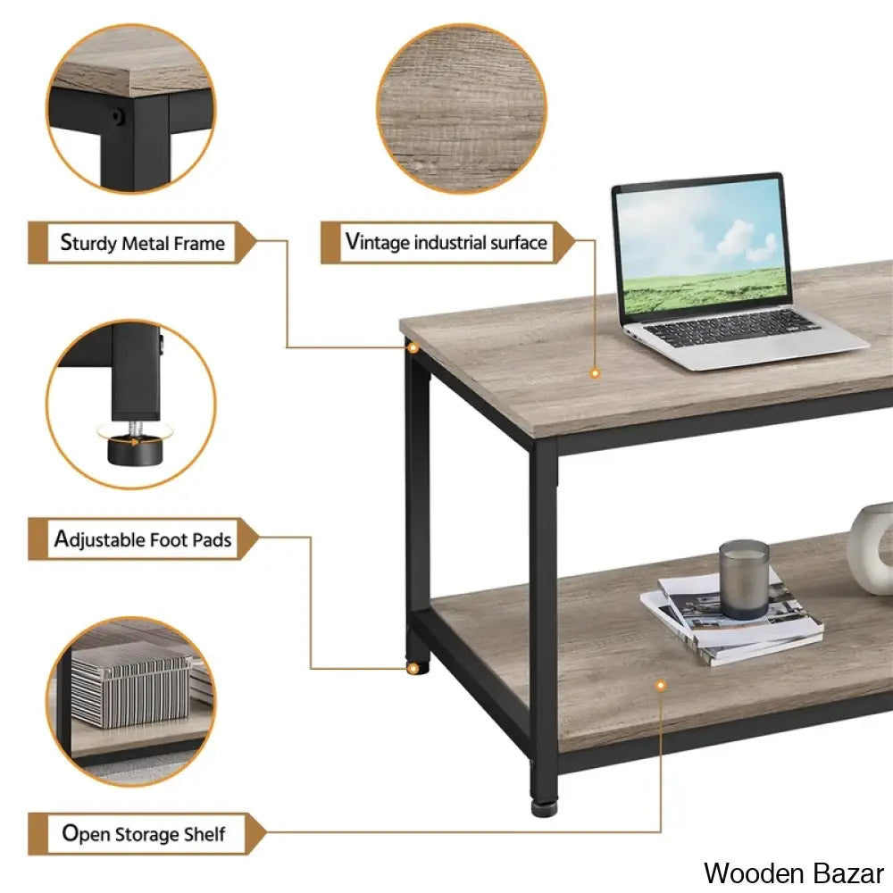 Lemmony Industrial Wood Coffee And Center Table With Open Storage Shelf For Living Room