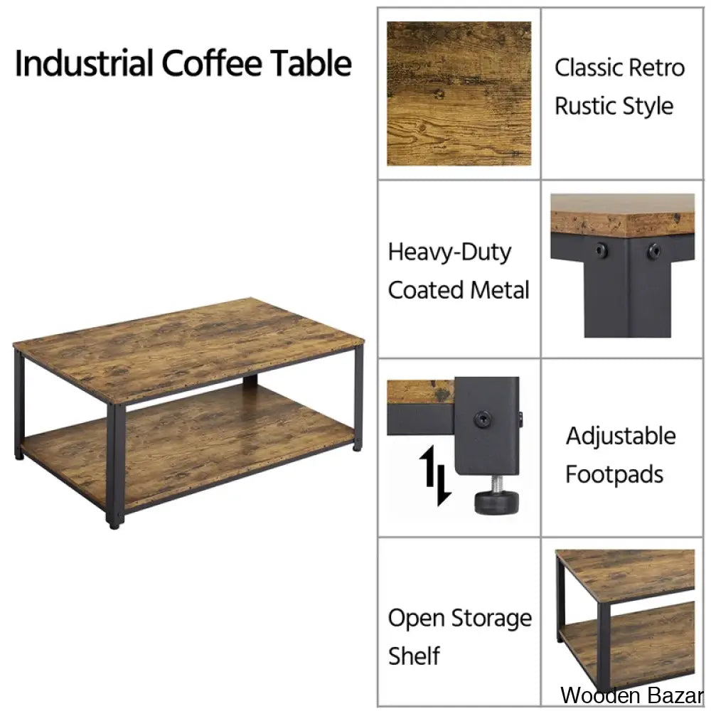 Lemmony Industrial Wood Coffee And Center Table With Open Storage Shelf For Living Room