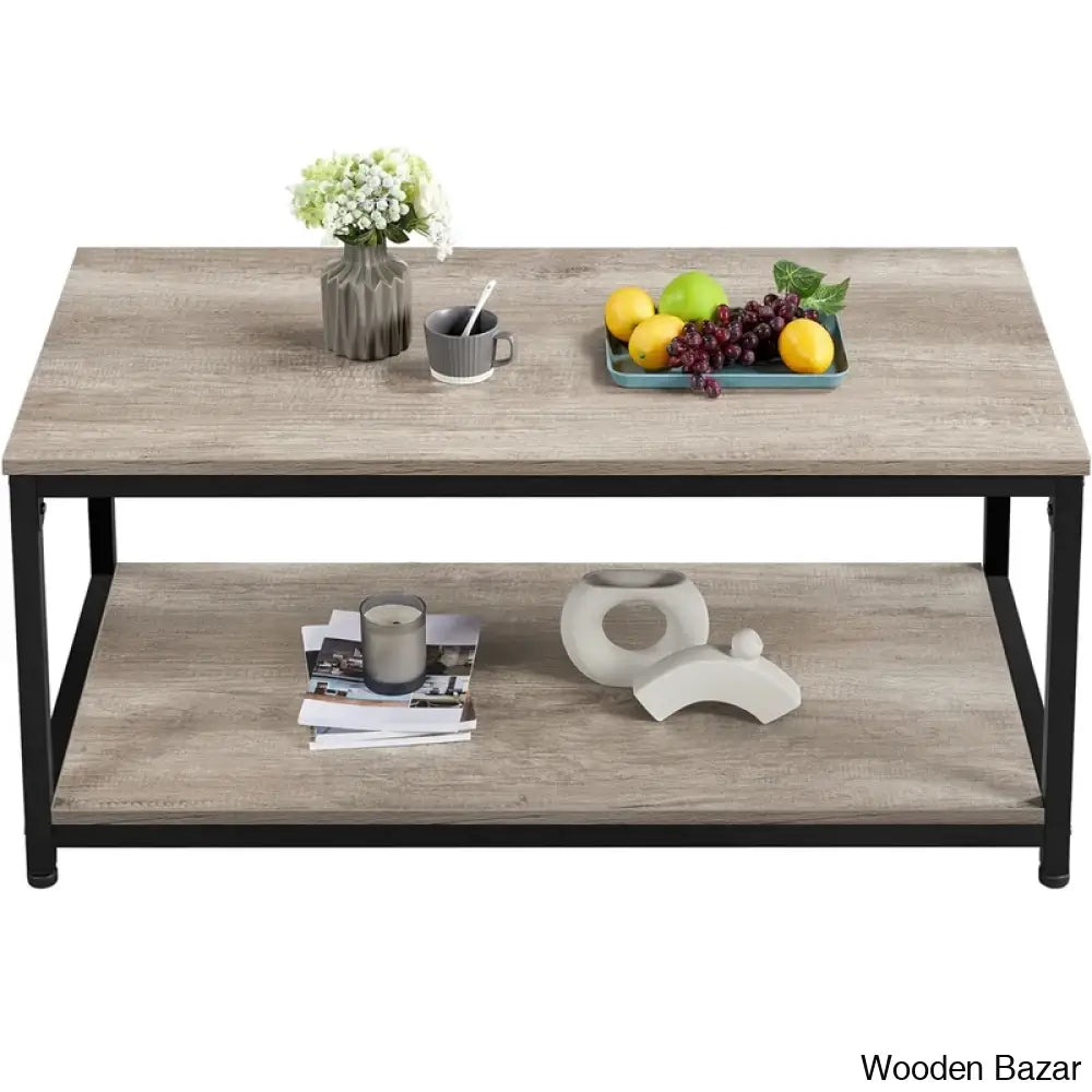 Lemmony Industrial Wood Coffee And Center Table With Open Storage Shelf For Living Room