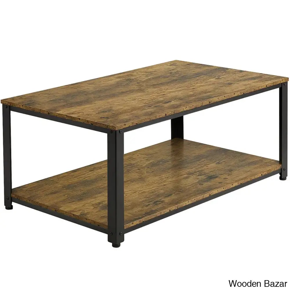 Lemmony Industrial Wood Coffee And Center Table With Open Storage Shelf For Living Room