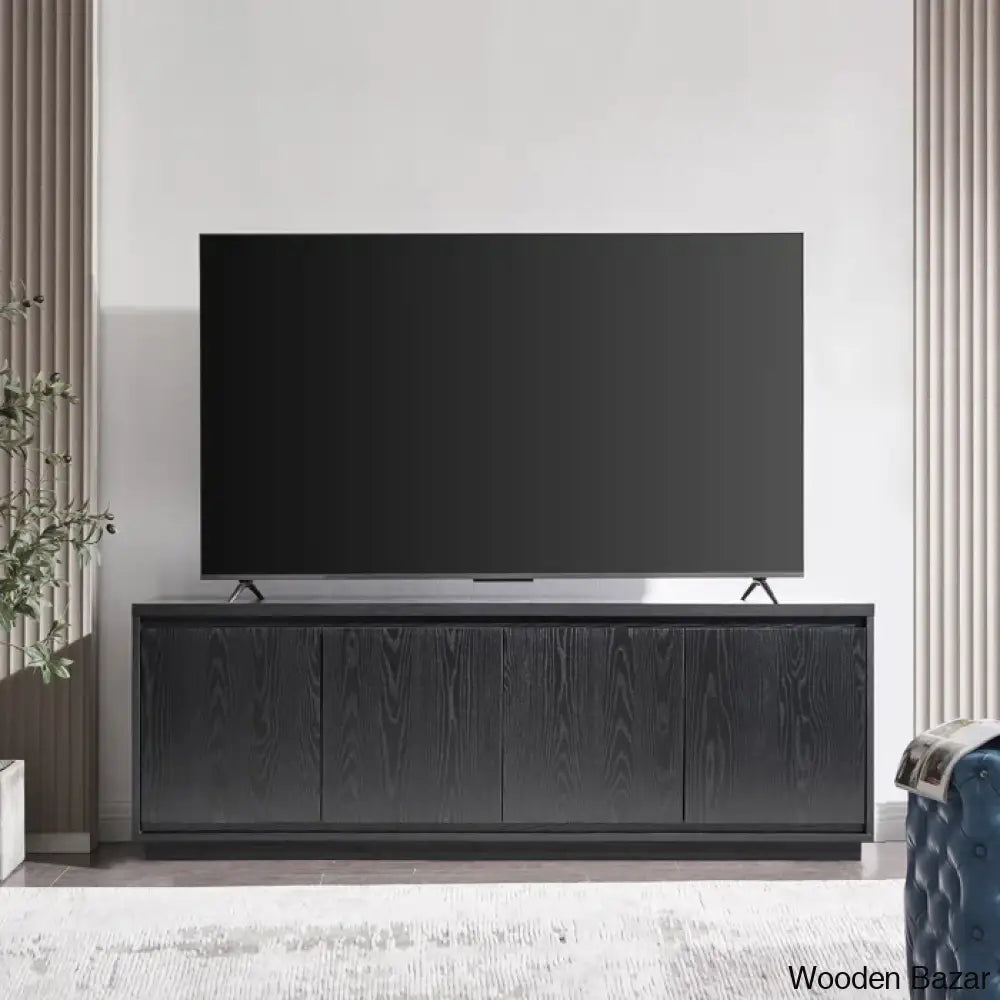 Linio Stylish Rattan Cabinet Media Console For Large Tv Set Black Grain