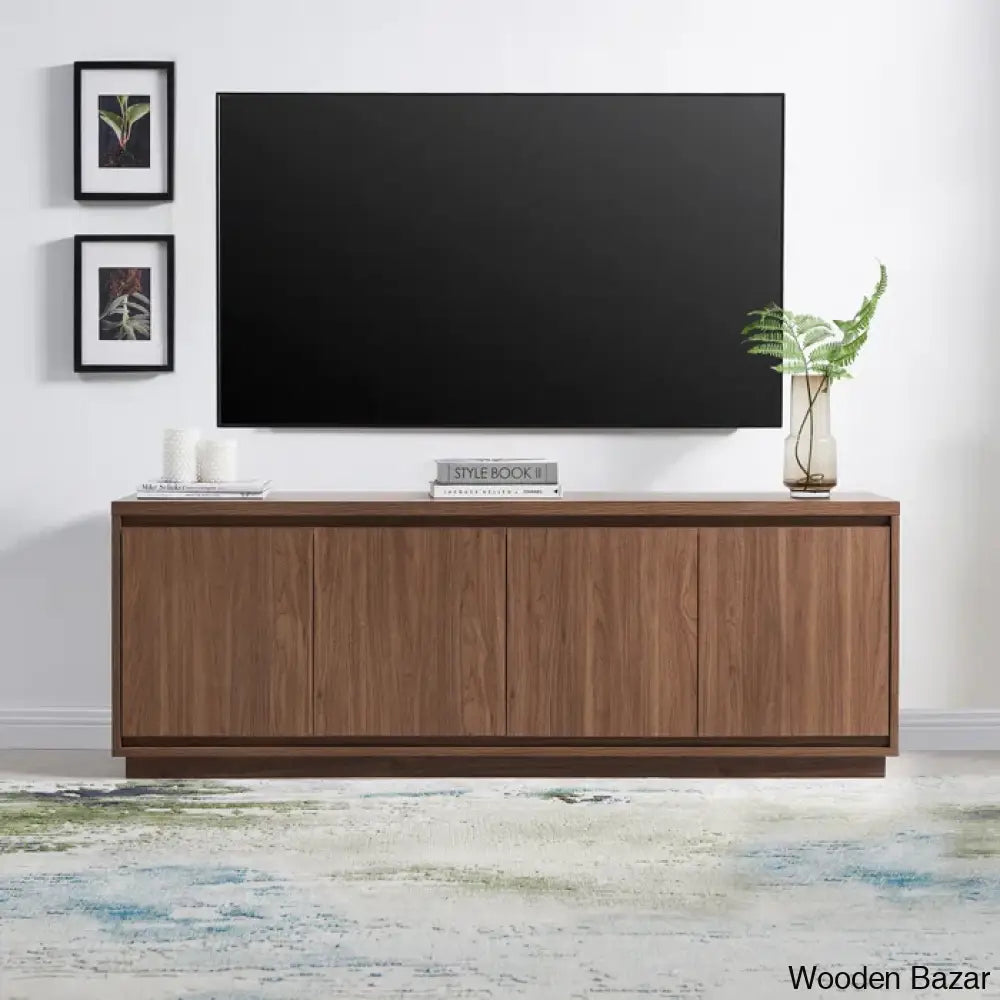 Linio Stylish Rattan Cabinet Media Console For Large Tv Set Satin Walnut