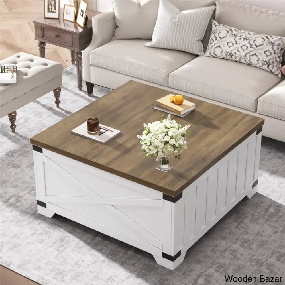 Locasciox Farmhouse Square Storage Coffee And Center Table With Hinged Lift Top Brown/White