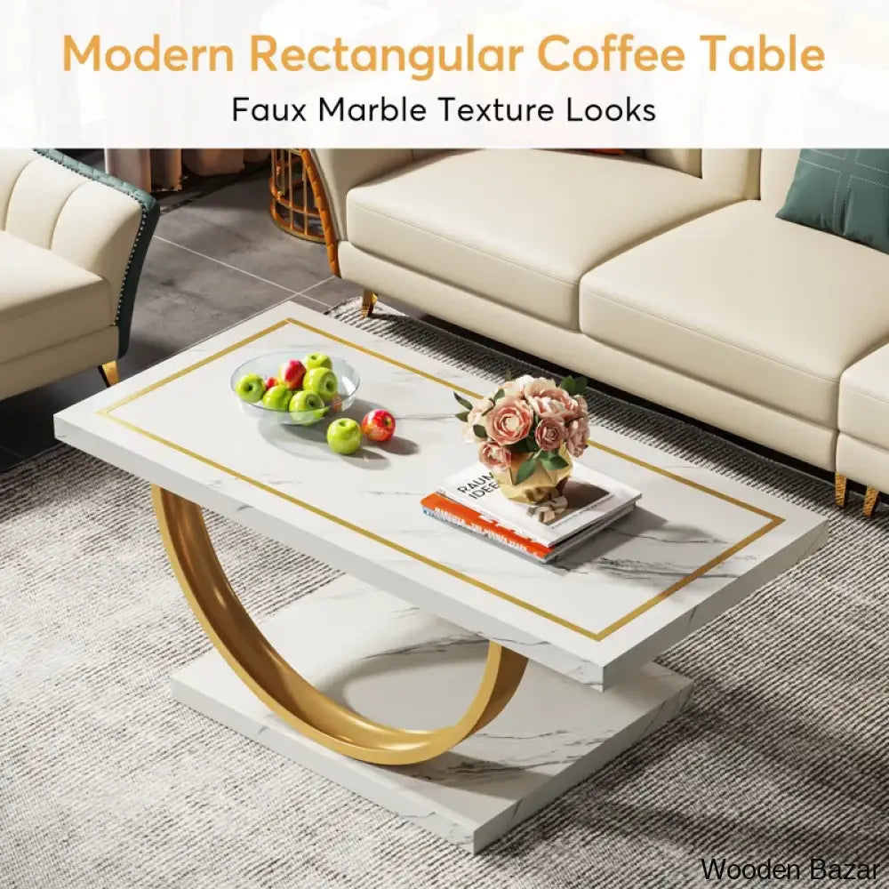 Lokeshc White And Gold Low Coffee Center Table Modern Rectangle