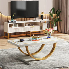 Lokeshc White And Gold Low Coffee Center Table Modern Rectangle