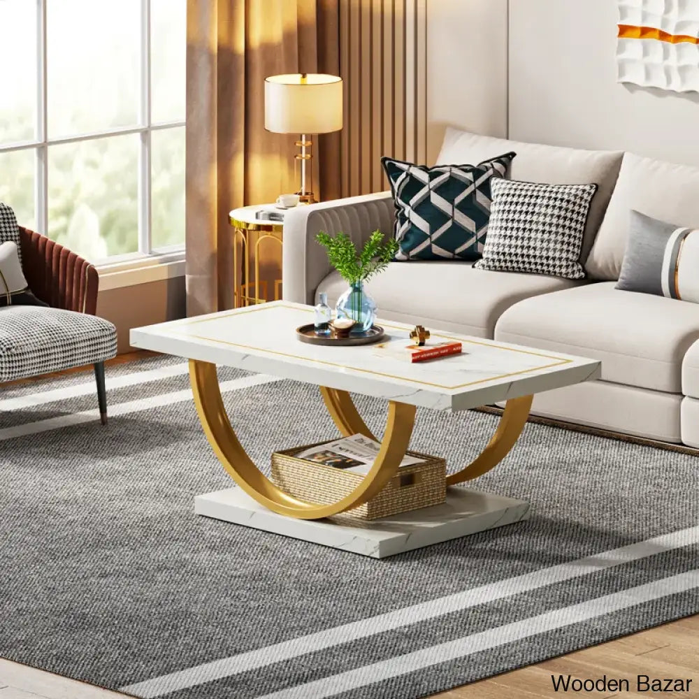 Lokeshc White And Gold Low Coffee Center Table Modern Rectangle