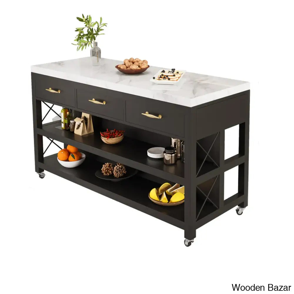 Marble Top Kitchen Island Trolley Cart Cabinet Kitchen Island With Storage Black