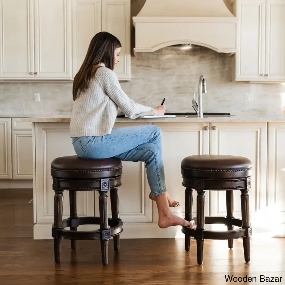 Maveno Swivel Lane Pullman Backless Counter And Bar Stool With Vegan Leather Upholstery