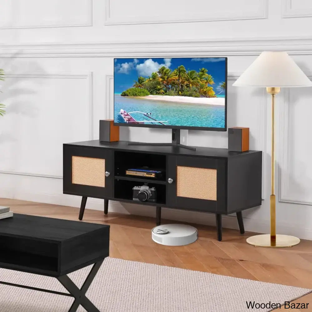 Media Console Cabinet For Large Tv’s Entertainment Center Black