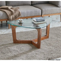 Menashau Triangular Glass Top Wood Frame Coffee And Center Table