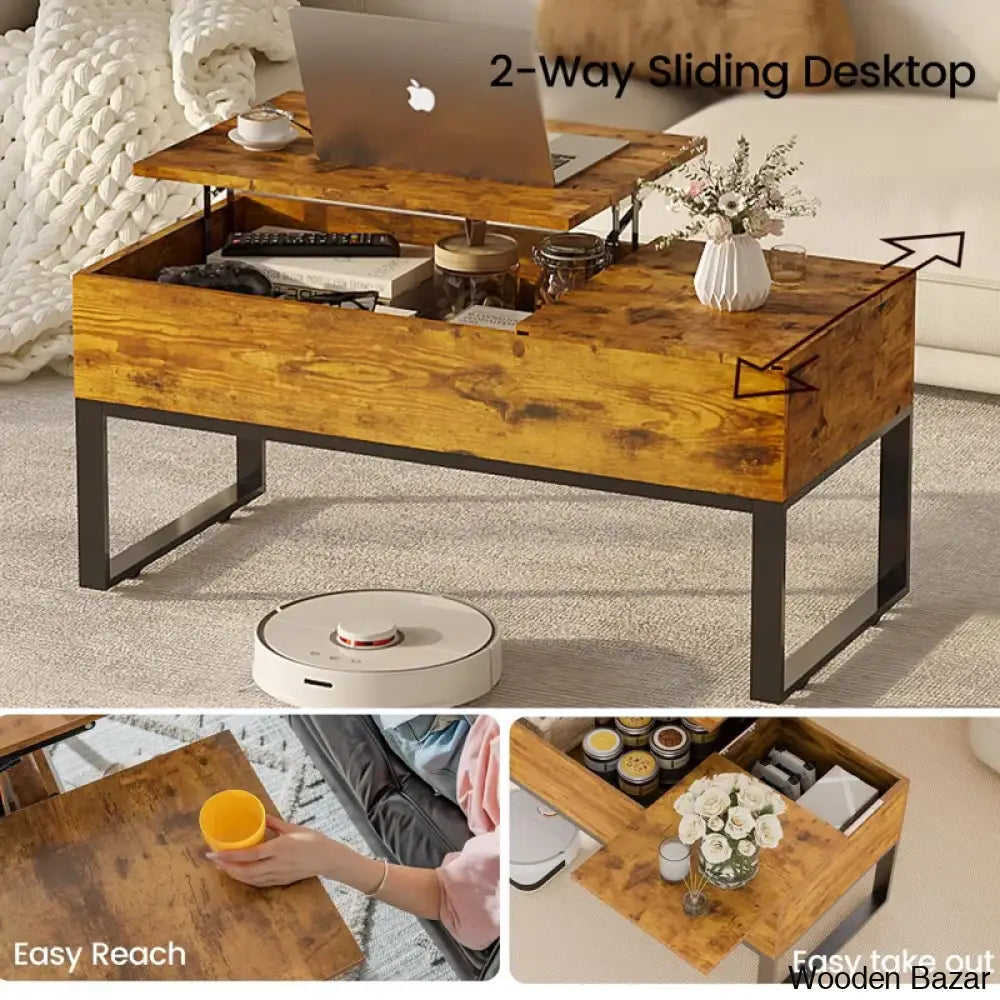 Mickealo Lift Top Coffee And Center Table For Living Room With Hidden Storage Compartment On