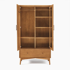 Lexor Mid-Century Wooden Wardrobe with Shelves & Drawer