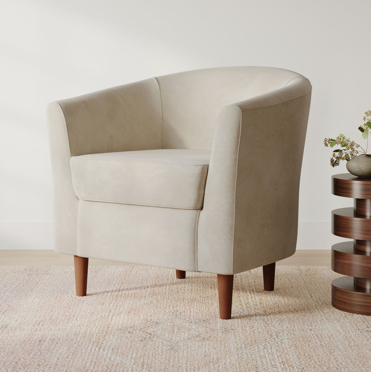 Naizun Barrel Accent Chair in Soft Taupe Upholstery with Tapered Wooden Legs - Wooden bazar