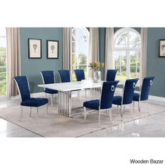 Miler Royal 8 Seater Dining Table Set Marble Top Rectangle Blue