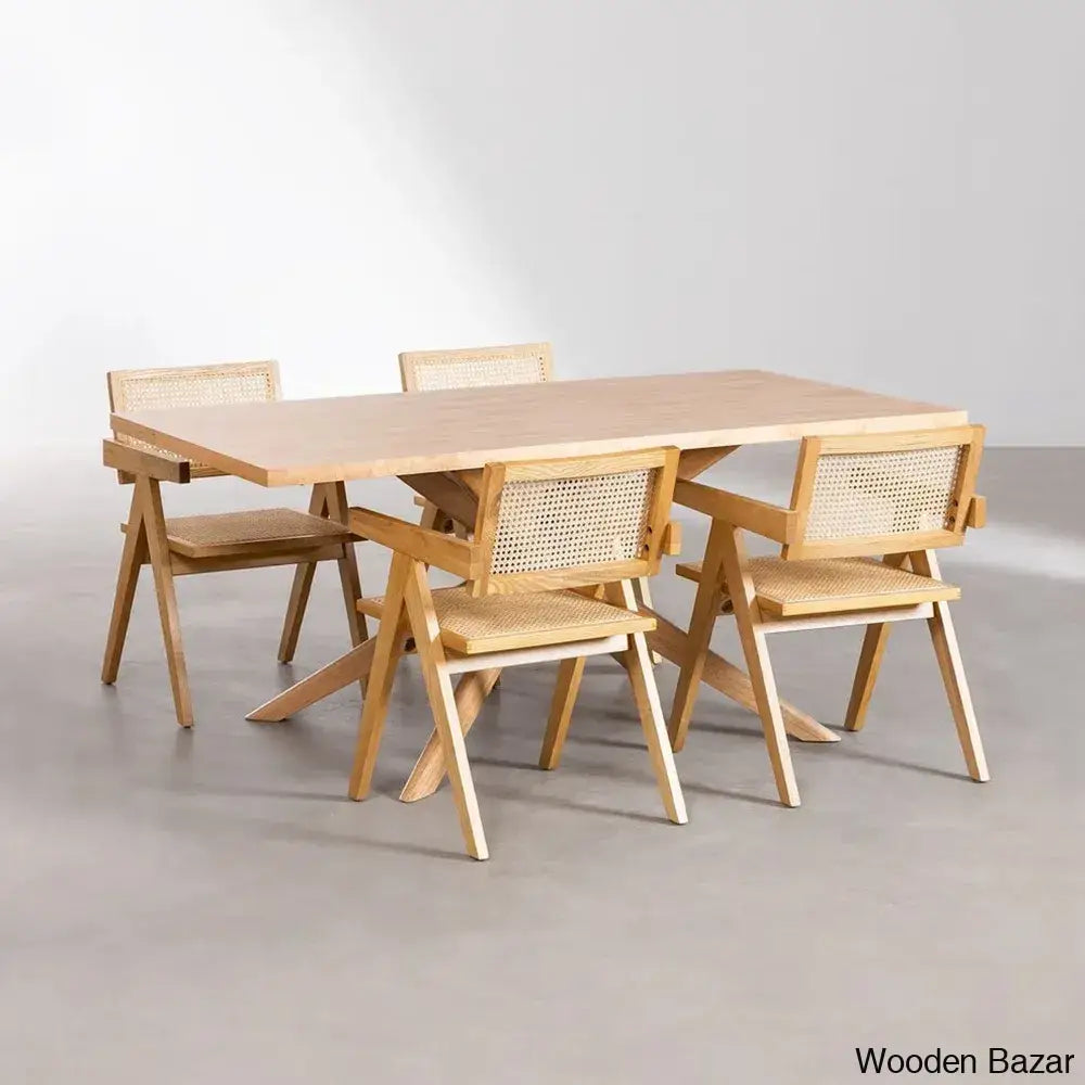 Miles Rattan Modern Dining Table Set With Four Chairs With Armrests