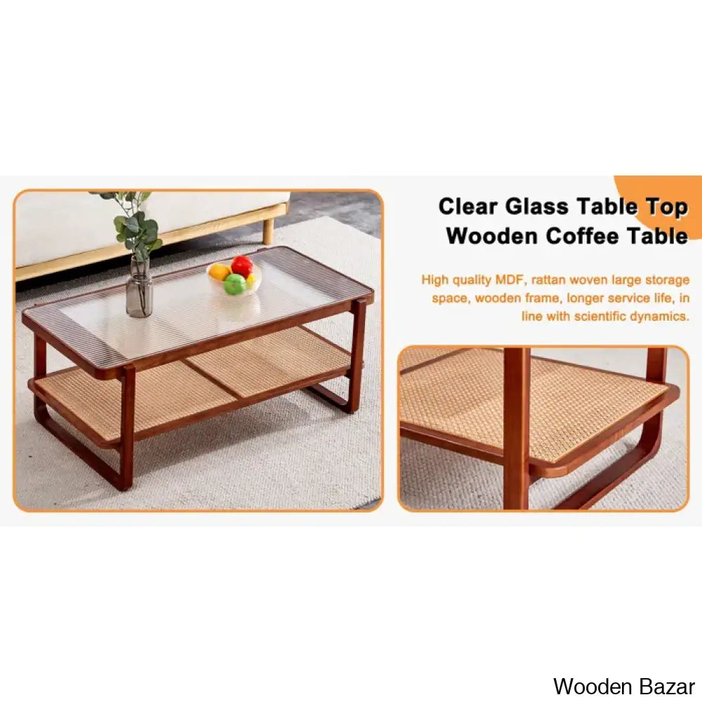 Mittal Sled Glass Top Wood Frame Rattan Coffee And Center Table With Shelf