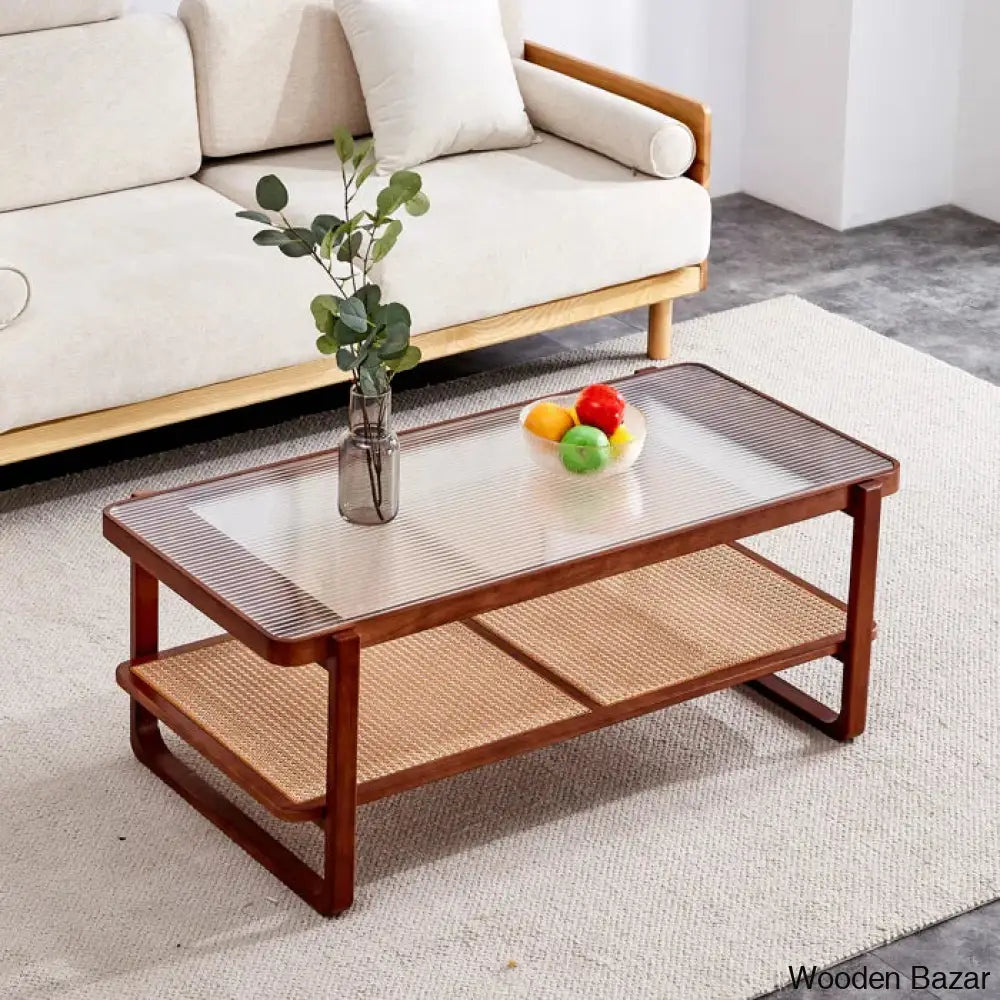 Mittal Sled Glass Top Wood Frame Rattan Coffee And Center Table With Shelf