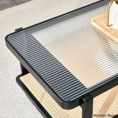 Mittal Sled Glass Top Wood Frame Rattan Coffee And Center Table With Shelf