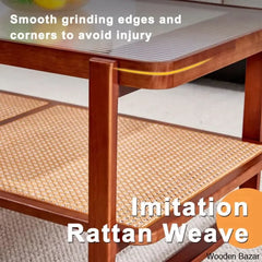 Mittal Sled Glass Top Wood Frame Rattan Coffee And Center Table With Shelf
