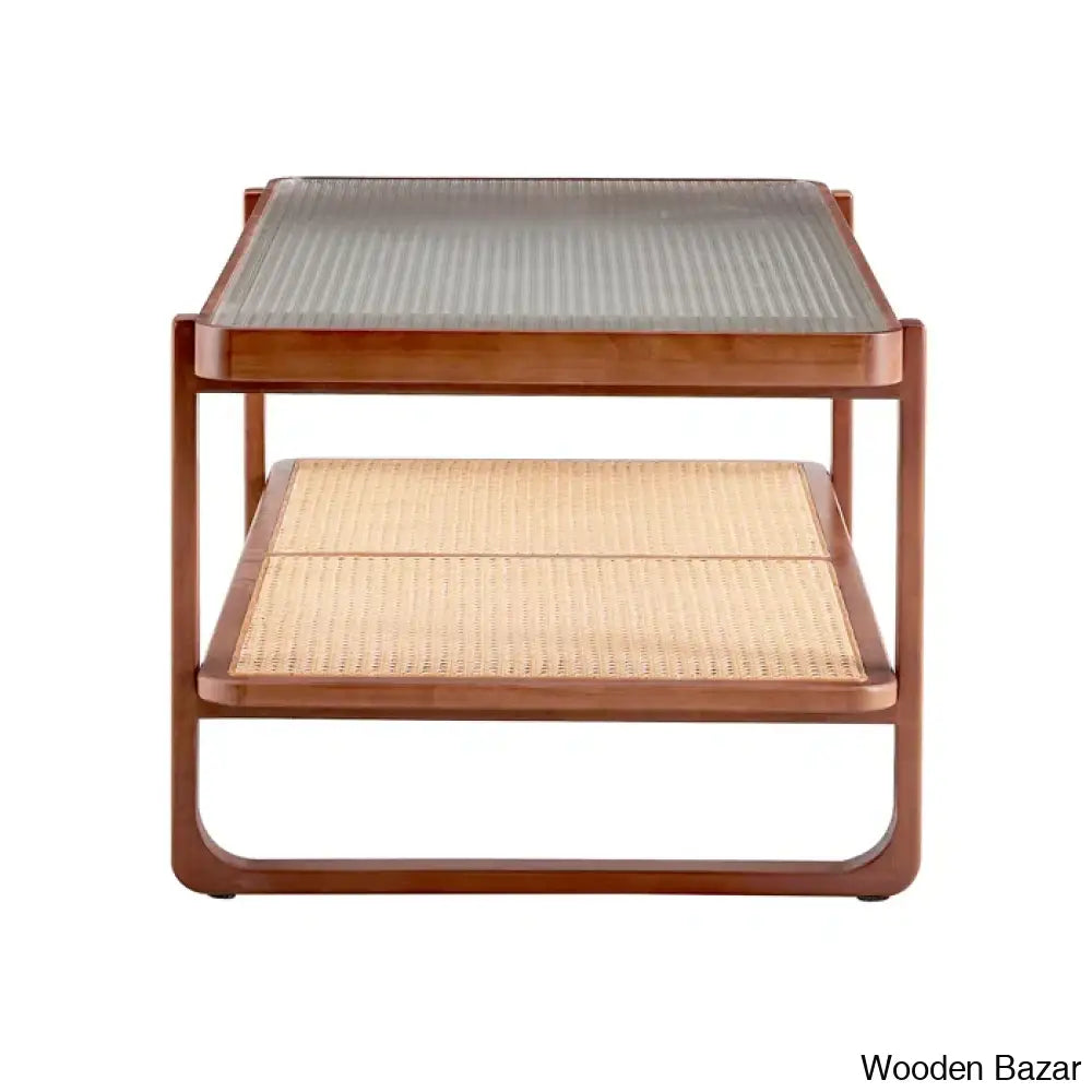 Mittal Sled Glass Top Wood Frame Rattan Coffee And Center Table With Shelf