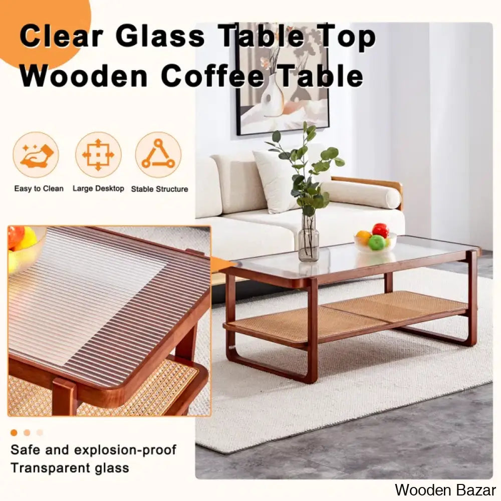 Mittal Sled Glass Top Wood Frame Rattan Coffee And Center Table With Shelf