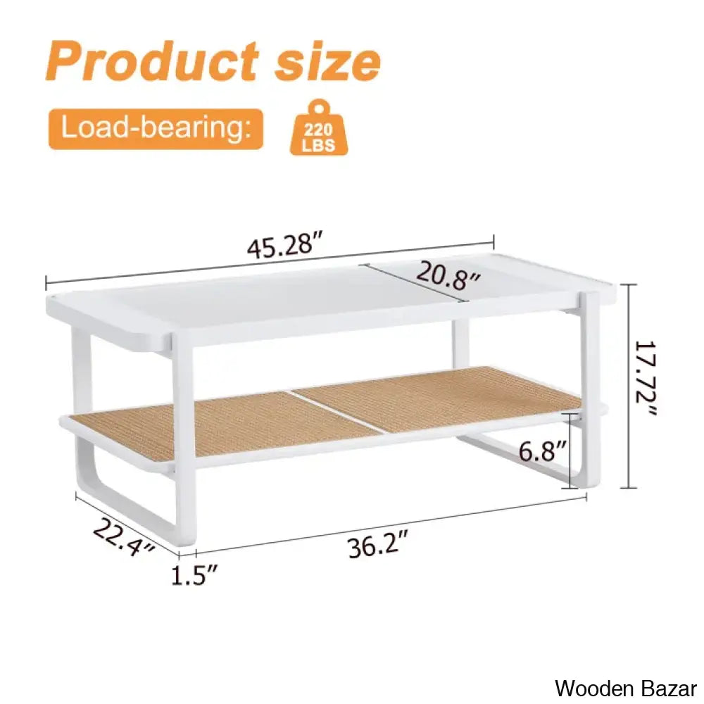 Mittal Sled Glass Top Wood Frame Rattan Coffee And Center Table With Shelf