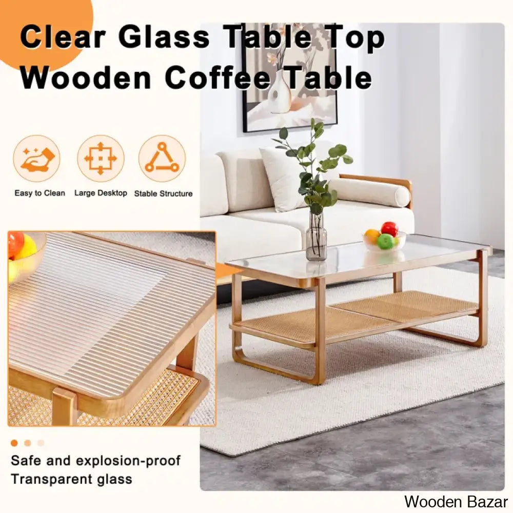 Mittal Sled Glass Top Wood Frame Rattan Coffee And Center Table With Shelf