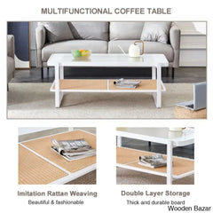 Mittal Sled Glass Top Wood Frame Rattan Coffee And Center Table With Shelf