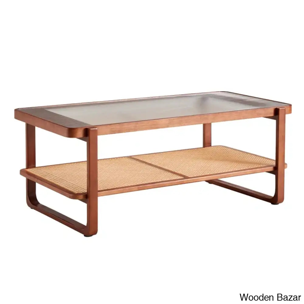 Mittal Sled Glass Top Wood Frame Rattan Coffee And Center Table With Shelf