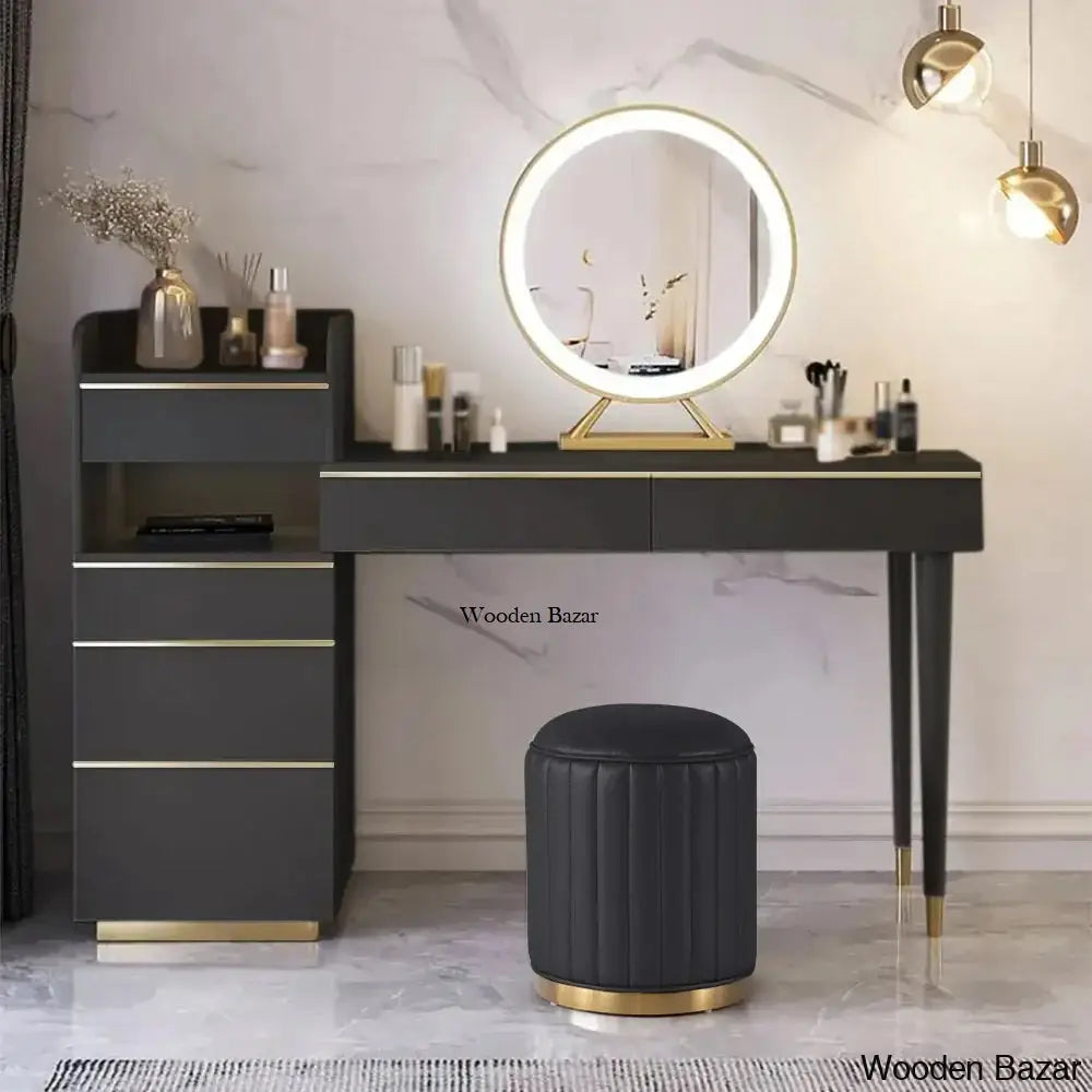 Modern Black Makeup Vanity Set Dressing Table With Lighted Mirror Cabinet & Stool